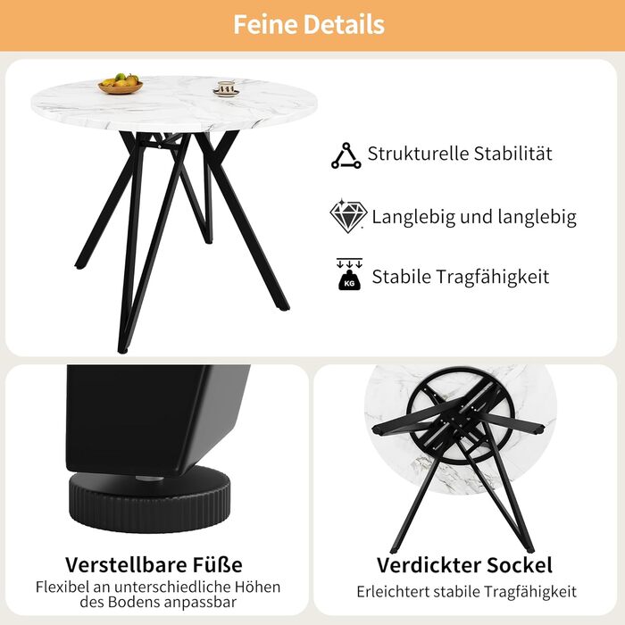 Круглий обідній стіл Merax 100 см, сучасний кухонний стіл для 4-6 осіб, обідній стіл з міцними чорними металевими ніжками, мармурова стільниця з МДФ, кухонний обідній стіл для вітальні, їдальні, офісу 100 x 100 x 76 см, мармуровий візерунок та чорний-6