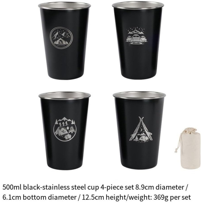 Набір з 4 кемпінгових чашок з нержавіючої сталі об&39ємом 500 мл, для походів та подорожей на природі, нержавіюча сталь 304, штабельовані, легкі, з сумкою для зберігання