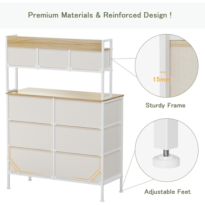 Комод з 9 шухлядами, комод для спальні, металевий каркас, дерев&39яна стільниця, тканинні шухляди, тканинний комод для спальні, вітальня, бежевий Бежевий D36