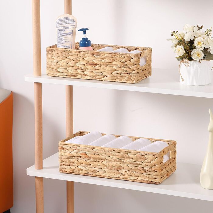 Кошики для зберігання, плетений кошик для зберігання, штабелювані кошики з полицями, кошик для спальні та ванної кімнати, 37x16,5x11см/33x12,5x10см, водяний гіацинт 37x16,5x11см натуральний (водяний гіацинт)