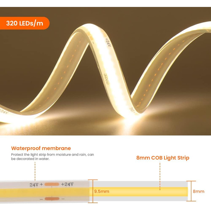 Світлодіодна стрічка Wisada 24 В COB, 6 м 320 світлодіодів/м Супер яскрава гнучка світлодіодна стрічка Тепла біла світлодіодна стрічка COB, водонепроникна світлодіодна лампа для підсвічування телевізора IP68 для освітлення акваріума та шафи Теплий білий 6