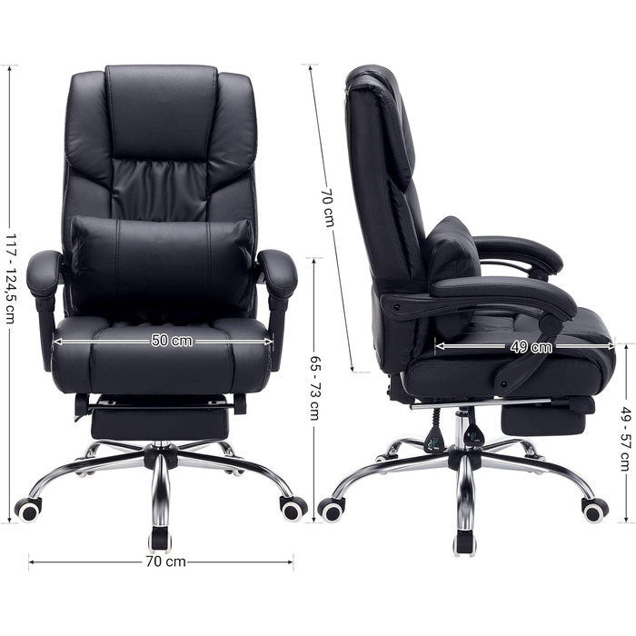 Офісний стілець SONGMICS з підставкою для ніг та поперековою подушкою, штучна шкіра, чорний, 67 x 66 x 116 см, чорний 70 см (Ш) x 50 см (Г) x 125 см (В)