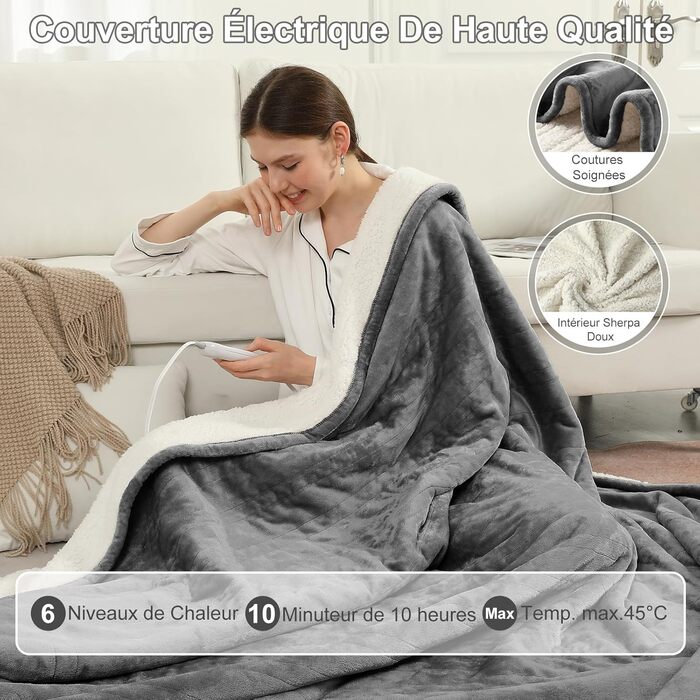 Електрична ковдра з автоматичним вимкненням, 130x180 см Фланель, 6 режимів нагріву та 10-годинний таймер вимкнення, захист від перегріву, можна прати в пральній машині, сіра, 130 x 180 см