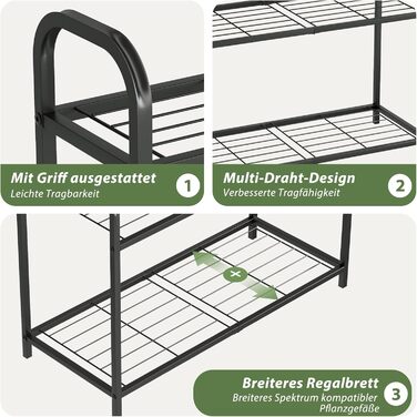 Підставка для рослин Bamworld, чорний метал, всепогодна полиця для рослин для використання в приміщенні та на вулиці, стіл для посадки квітів та трав, міцна 3-рівнева залізна підставка для квітів