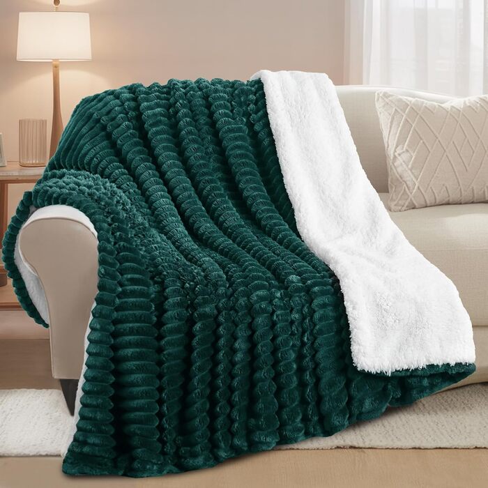Ковдра RUIKASI Sherpa 150x200 см - Пухнаста м&39яка ковдра м&39якого зеленого кольору, Тепла зимова ковдра з вельвету для дивана та кушетки, Щільна вовняна ковдра XL 150 x 200 см темно-зеленого кольору