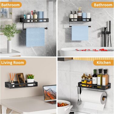 Підставка для спецій з тримачем для кухонних рулонів та гачками, настінна підставка для спецій (не потребує свердління), органайзер для спецій для кухні, чорний