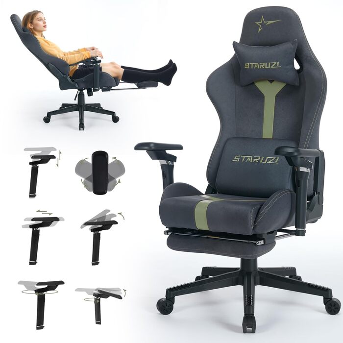 Ергономічне ігрове крісло з регульованими підлокітниками 6D - штучна шкіра, ігрове крісло для ПК з підставкою для ніг, дихаюче ігрове крісло з кутом нахилу 90-155, сіро-зелена штучна замша - зелені нейлонові ніжки