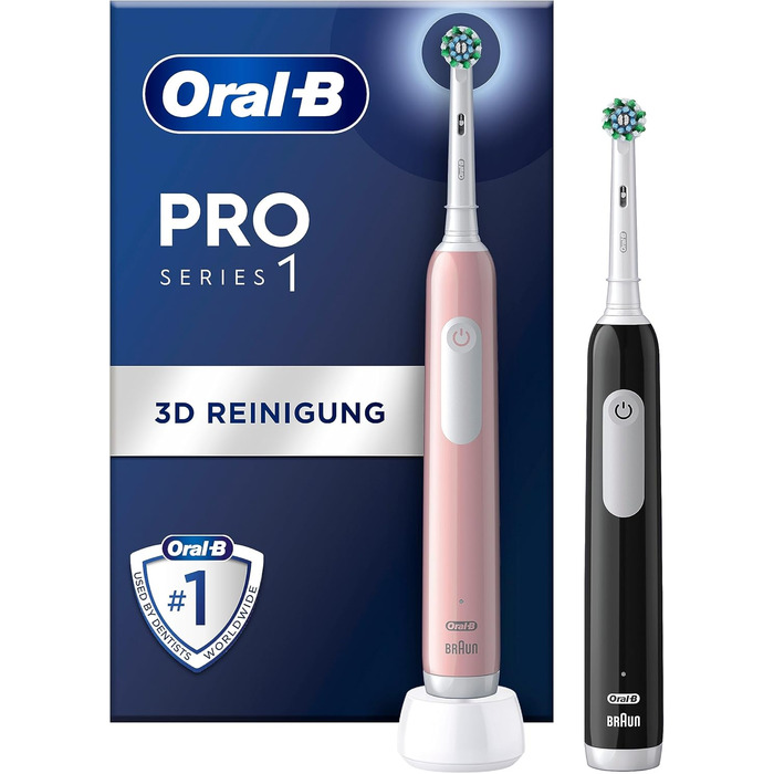 Електрична зубна щітка/електрична зубна щітка Oral-B Pro Series 1, подвійна упаковка, 2 щітки, 3 режими чищення та датчик тиску для догляду за зубами, дизайн Braun, рожевий/чорний