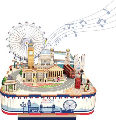 Музична скринька Tonecheer Дерев'яний 3D-пазл, набір моделей для сім'ї котів своїми руками для дорослих, обертова музична шкатулка, дерев'яні пазли Подарунки для прикраси будинку Подарунок на день народження Різдвяний підліток (Лондон)