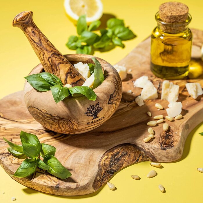 Набір розчинів і пестликів SOLTAKO з оливкового дерева - Ступка - Дерев'яна ступка - Екологічна трава, Розчин для спецій Ø Діаметр