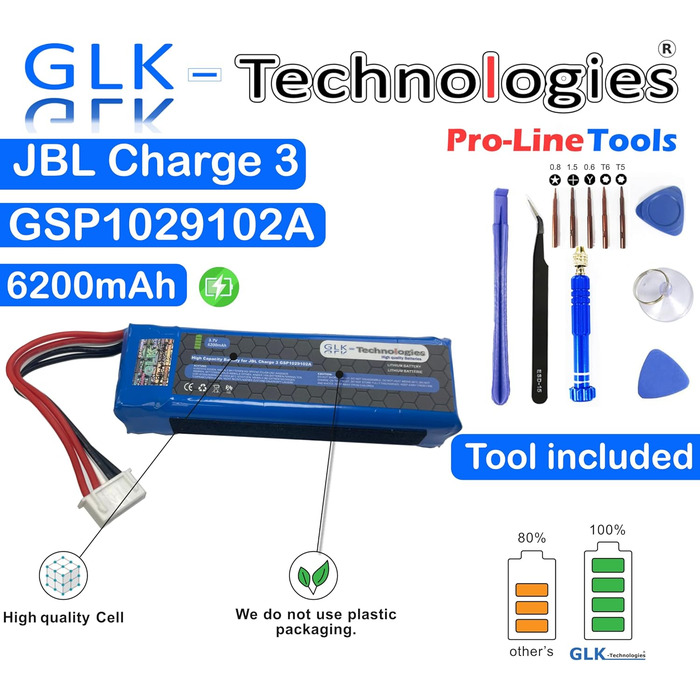 Змінний акумулятор GLK-TECHNOLOGIES високої потужності, сумісний з JBL Charge 3 GSP1029102A, акумулятор Bluetooth-колонки 6200 мАг професійний інструмент