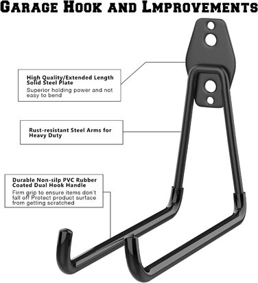 Набір з 12 настінних гачків для гаража Надміцні подвійні гачки Компактне сховище для інструментів, велосипедів, спортивного інвентарю (Black)