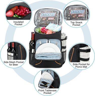 Рюкзак-холодильник Estarer 35L, рюкзак для пікніка, водонепроникний рюкзак з відкривачкою для пляшок для кемпінгу, походів та використання на пляжі, чорний