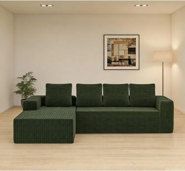 Кутовий диван, 4-місний диван, 3-місний диван, модульний компресійний диван з L-подібним шезлонгом, не потребує складання (плюс вельветова тканина) (зелений)