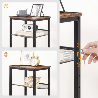 Журнальний столик HOOBRO, телефонний столик з 2 регульованими сітчастими полицями 38 x 28 x 74 см, диванний столик, журнальний столик, промисловий дизайн, темно-коричнево-чорний EBF01DH01G1 темно-коричневий - чорний