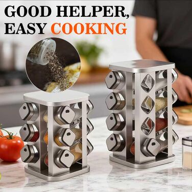 Стійка для спецій PTUWODS з 16 квадратними банками для спецій, карусель для спецій з нержавіючої сталі, що обертається на 360, органайзер для спецій, контейнери для спецій зі вставкою-шейкером, 16 банок
