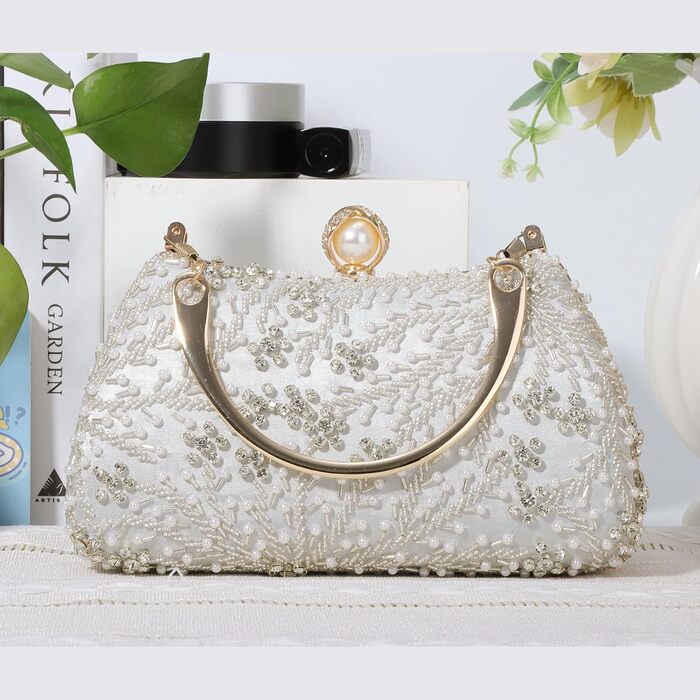 Жіноче клатч з перлинною вишивкою. Елегантна кришталева сумочка для весілля, вишукана вечірня сумочка, сумка для нареченої на ланцюжку для вечірок та випускних, срібляста.
