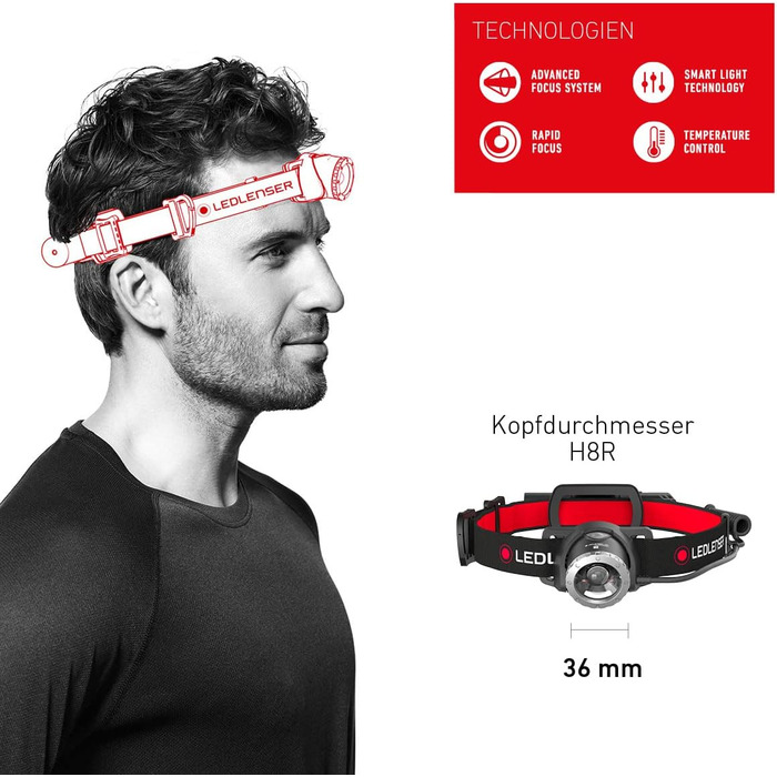 Світлодіодний налобний ліхтар Ledlenser H8R, акумуляторний від літієвої батареї 18650, 600 люмен, фокусувальний, до 120 годин роботи, червоне заднє світло, поворотний, кабель для заряджання USB, налобний