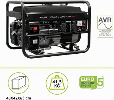 Бензиновий генератор Tecnoware Power Systems 3200ВА однофазний, з AVR, низький рівень шуму, бак 15 л, електричний/ручний запуск, чорний