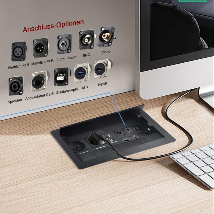 Вбудована настінна розетка для конференц-залу, столу, мультимедійна розетка, срібляста - 2 шт. Schuko - 2 шт. CAT6 - 2 шт. HDMI - USB 3.0 - стерео - USB-C для передачі даних (чорна)