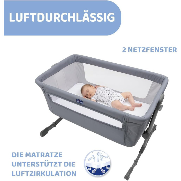 Дитяче ліжечко Chicco Next2Me Essential для новонароджених, приліжкове ліжечко, сумісне з різними ліжками, регульована висота, гарна циркуляція повітря, матрац і сумка в комплекті, 0-6 місяців, сірий колір