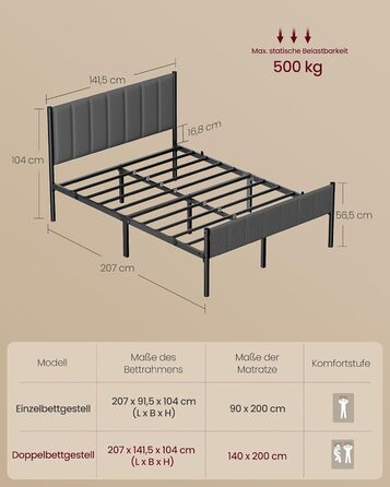 Каркас двоспального ліжка VASAGLE, каркас ліжка, 140 x 200 см, з м&39яким узголів&39ям, каркас ліжка, сталеві ламелі, витримує навантаження до 500 кг, легке складання, колір &quotсланцево-сірий&quot RMB974GN01 140 x 200 см, колір &quotсланцево-сірий&quot