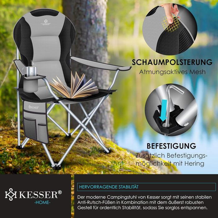 Складаний кемпінговий стілець KESSER, до 150 кг, Рибальський стілець, Складаний стілець, М&39який з підлокітниками, Висока спинка, Пляжний стілець, Складаний табурет, включаючи кемпінговий ліхтарик, Підставка для напоїв, Сумка та чашка, Сірий/Чорний