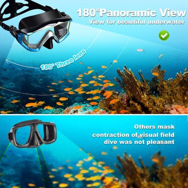 Набір для сноркелінгу, спорядження для сноркелінгу для дорослих, професійна маска для сноркелінгу з антизапотіванням, суха маска для фрідайвінгу, сноркелінгу, плавання, синій комплект для сноркелінгу - Panorama 3
