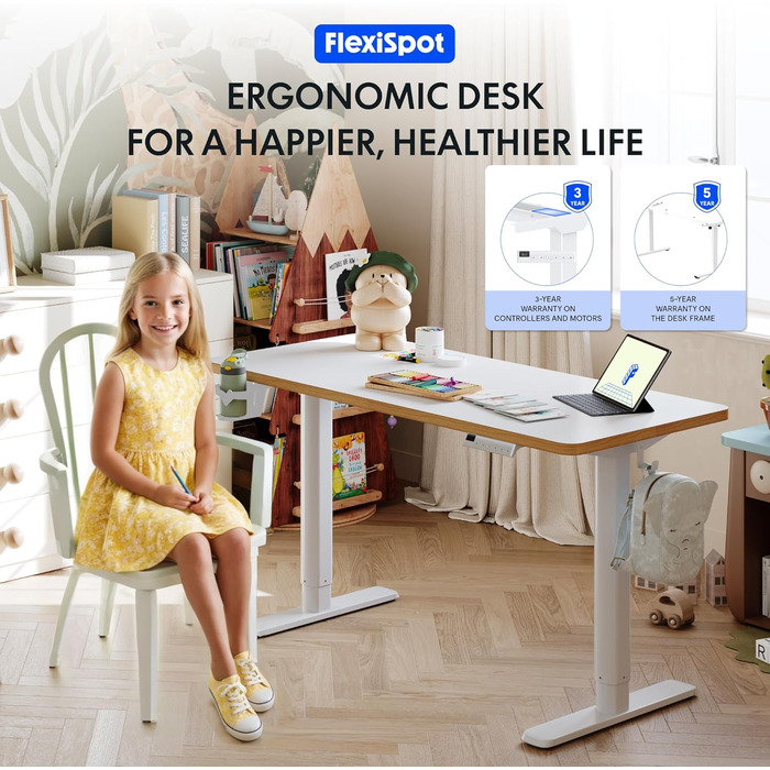 Дитячий письмовий стіл FLEXISPOT, з електричним регулюванням висоти, для дітей віком від 6 років, зі світлодіодним дисплеєм висоти, 3 положеннями пам&39яті, блокуванням від дітей та ергономічною стільницею, 110 x 52 см, білий