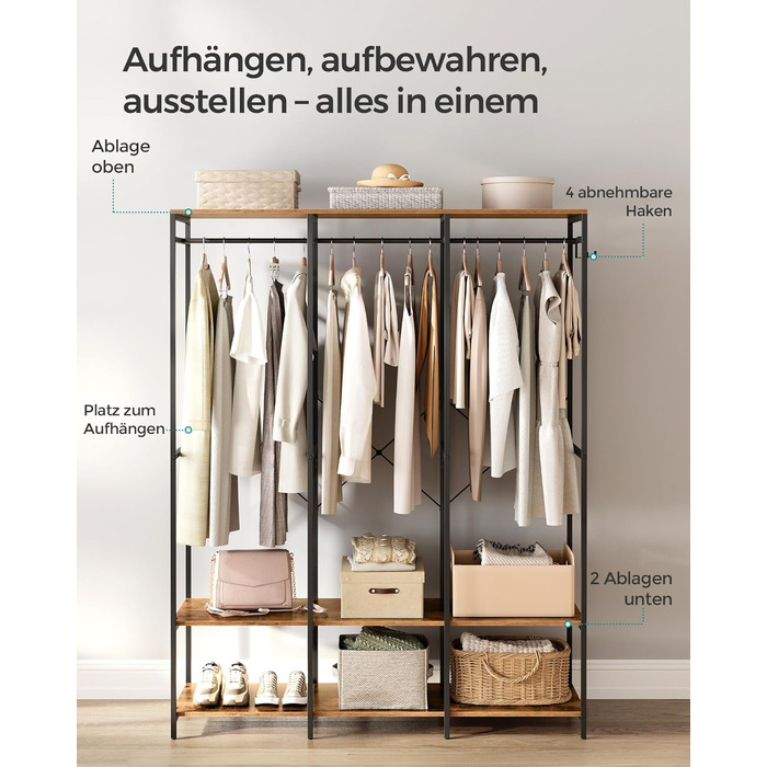 Відкрита шафа, вішалка для одягу, вішалка для пальто, шафа з рейкою для одягу, полиці, знімні гачки, 40 x 141 x 180 см, вінтажний коричневий RGR005B01 Вінтажний коричневий 40 x 141 x 180 см