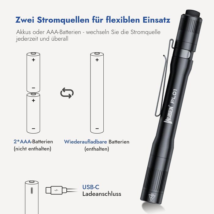 Маленький ліхтарик WUBEN PL01, світлодіодний пальцевий ліхтарик 650 люмен, водонепроникний міні-ліхтарик IP68, 4 режими ручного кемпінгового ліхтаря, що перезаряджається, сумісний з 2 батарейками AAA для огляду, роботи, ремонту, чорний