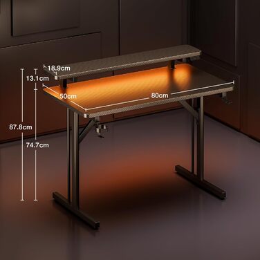 Ігровий стіл ODK, Невеликий ігровий стіл зі світлодіодним освітленням, Комп&39ютерний стіл 80 см з полицею для монітора, Чорний стіл для ПК з вуглецевого волокна 80 см