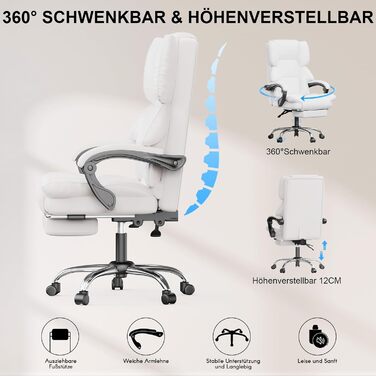 Офісне крісло naspaluro з підставкою для ніг, ергономічне робоче крісло, комп&39ютерне крісло зі штучної шкіри з м&39якими підлокітниками та м&39яким підголівником, функція нахилу, поворотне крісло з регулюванням висоти, білий колір, без підігріву