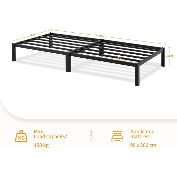 Каркас ліжка, що збирається без інструментів, 90 x 200 см з рейковою основою, міцний металевий каркас, пружинний матрац не потрібен, безшумне, односпальне ліжко, чорний колір