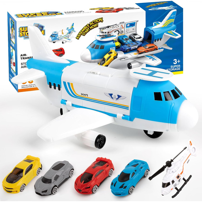 Іграшка-транспортний літак, набір транспортного літака, 4 машини 1 гелікоптер, хлопчики та дівчатка, діти