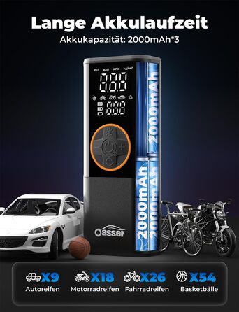 Електричний повітряний насос Oasser з подвійним дисплеєм 6000mAh 150 PSI, акумуляторний компресор з 3M 12V прикурювача для автомобіля, мотоцикла, велосипеда, м&39яча, подорожей, кемпінгу