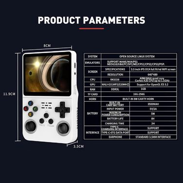 Портативна ігрова приставка R36S, відкрита система Linux з 3,5-дюймовим IPS екраном, ретро портативна консоль з сумкою, 128G TF Card 17000 ігор, 10 емуляторів акумуляторів 3500mAh, емулятор батареї ручний сірий