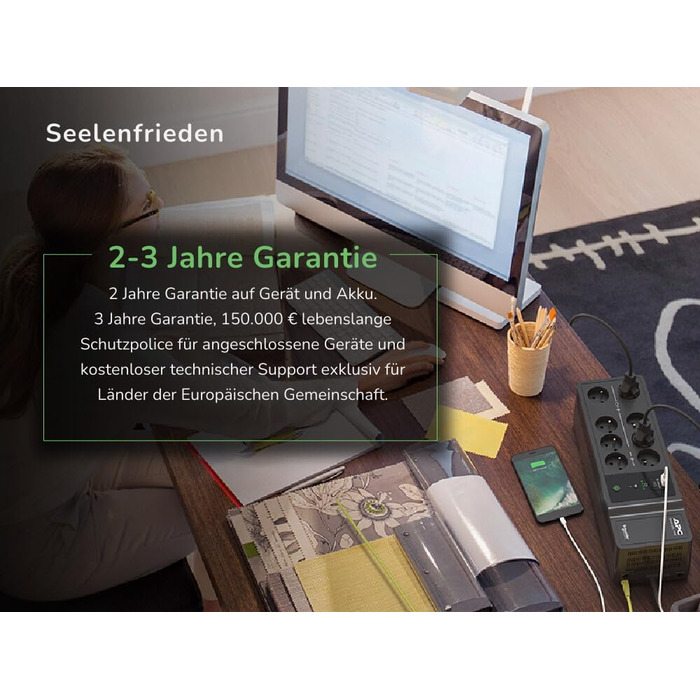 ДБЖ APC для дому, ДБЖ 1050 ВА з резервним живленням від акумулятора та автоматичним регулюванням потужності (ARV), 8 розеток Schuko CEE 7/3, (2) порти зарядки USB, джерело безперебійного живлення Back-UPS, BE1050G2-GR 1050 ВА/600 Вт