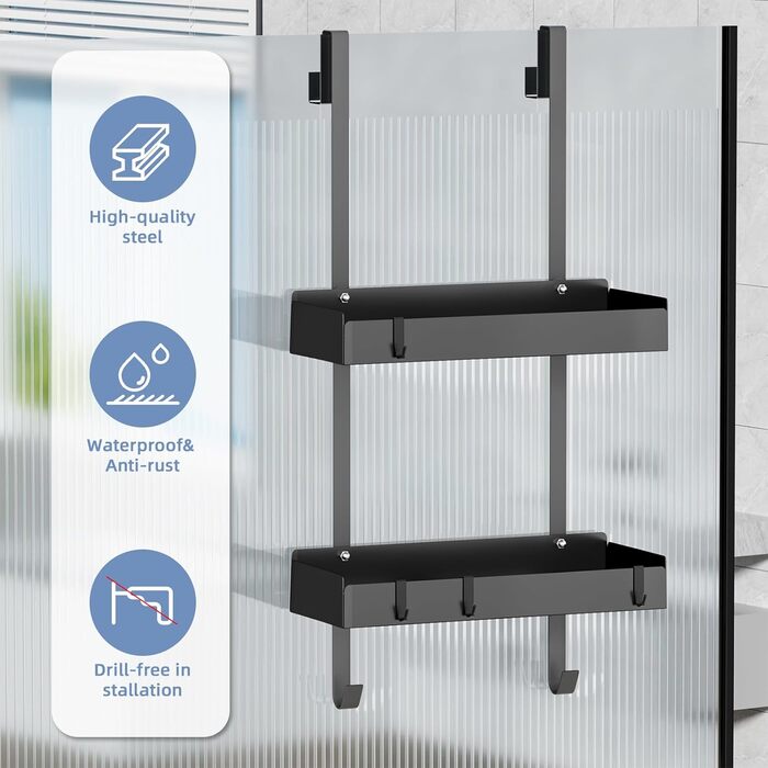 Підвісна полиця для душу, органайзер для скляних душових дверей, тримач для шампуню, кошик для душу без свердління, чорний, з 8 гачками, нержавіюча сталь 65.5x30x11.2 см