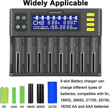 Зарядний пристрій LiitoKala Lii-S8, швидкий зарядний пристрій з РК-дисплеєм та сенсорним керуванням, 18650, 8 слотів, зарядний пристрій 9V для Li-ion, LiFePO4, Ni-MH, Ni-Cd, AA, AAA, C, 21700, 26650, 13650, 16340, 18700, RCR123