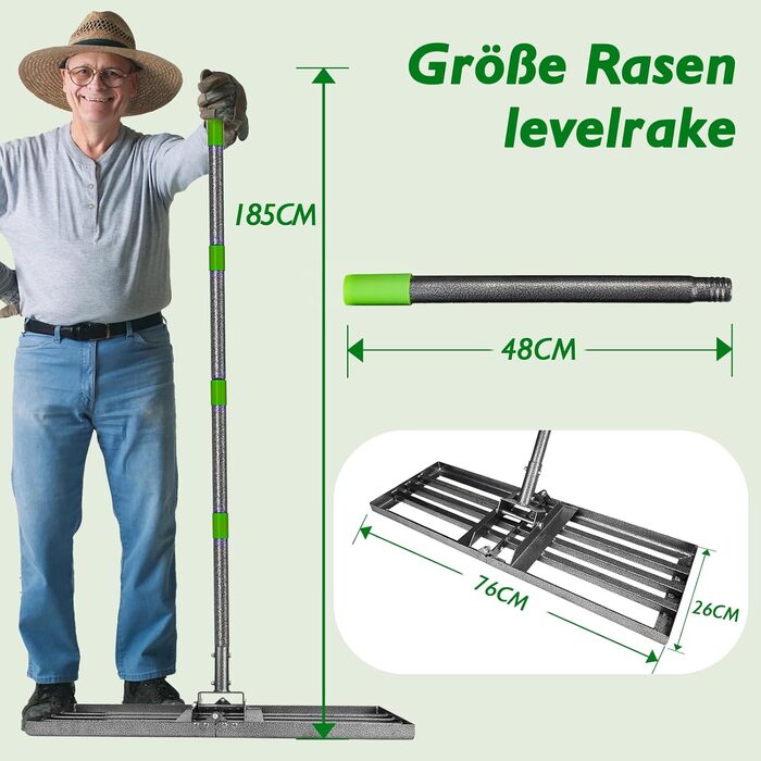 Гребінь для вирівнювання газону, 76x25 см, з регульованою ручкою 185 см. Ідеально підходить для саду, подвір'я та гольф-поля Легко вирівнює поверхні з ґрунту, піску та глини.