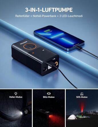 Бездротовий електричний повітряний насос AstroAI, портативний акумуляторний велосипедний насос з усіма клапанами, світлодіодне світло, акумуляторний насос для шин для велосипедів, електровелосипедів, автомобілів, мотоциклів, м&39ячів, чорний