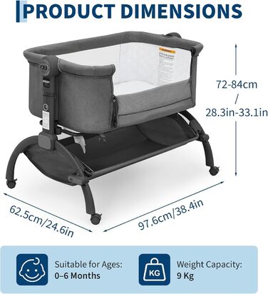 Дитяче ліжечко Garvee Baby Bed Crib, дитяче ліжечко 3-в-1, дорожнє ліжечко-колиска, регульована по висоті дитяче ліжко з матрацом, москітною сіткою та кошиком для зберігання, приліжкове ліжечко для новонароджених, темно-сіре