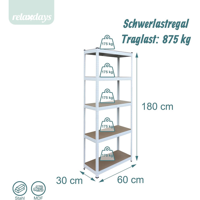 Міцний стелаж Relaxdays, ВxШxГ 180x60x30 см, 875 кг, 5 полиць, полиця для зберігання в підвалі та гаражі, вставного типу, білий/коричневий