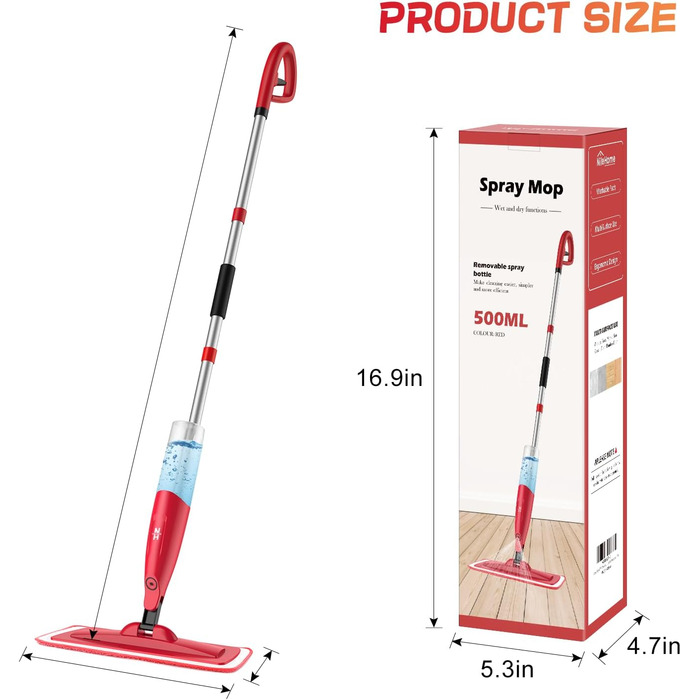 Швабра NileHome з функцією розпилення, пилонепроникна швабра з 2 насадками, що миються, і пляшкою 480 мл, що поповнюється, побутов