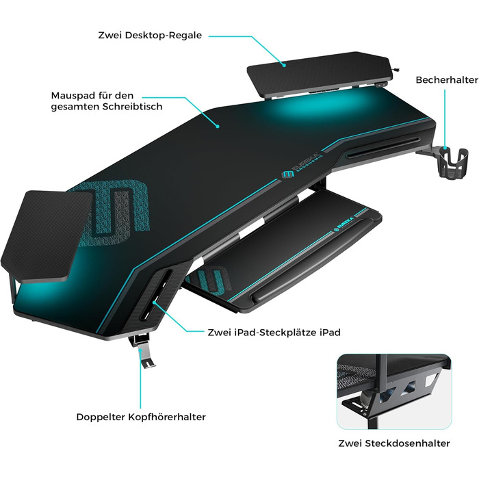 Ергономічний ігровий стіл EUREKA зі світлодіодним освітленням, великий ігровий стіл у формі крила 182x76 см, комп&39ютерний стіл з підставкою для клавіатури, 2 підставки для монітора, гачки для навушників для домашнього офісу, студії, прямих трансляцій, 1