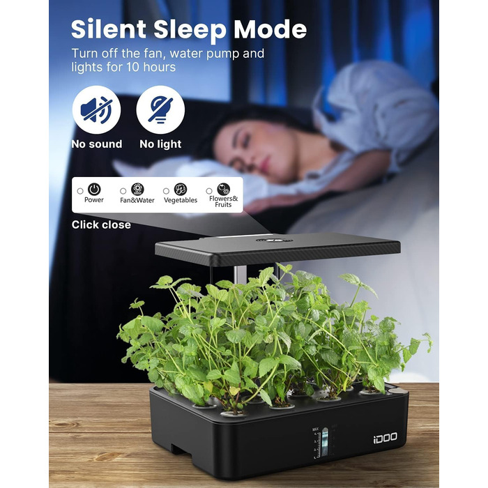 Гідропонна система вирощування iDOO, 12 стручків кімнатного травяного саду з автоматичним таймером, розумний сад зі світлодіодною лампою для рослин і вентилятором, регульований по висоті садовий набір трав, чорний