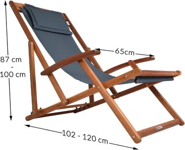Дерев&39яний шезлонг Casaria, водонепроникний, складаний, регульований, вантажопідйомність 160 кг, підлокітники, подушка для шиї, садовий/балконний шезлонг, акацієве дерево, 94x94x60 см, антрацит