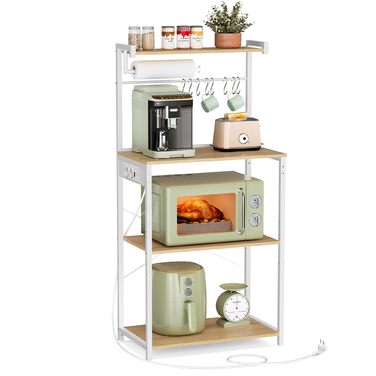 Кухонна полиця VASAGLE з розетками, окремостояча полиця, полиця для мікрохвильової печі, 4 рівні та 8 S-подібних гачків, регульована полиця, тримач для кухонних пакувальних машин, 40 x 60 x 140 см, Золотий дуб-хмарно білий KKS014Y02 60B см Золотий дуб мат