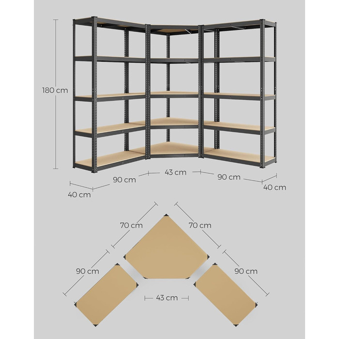 Комплект кутових полиць SONGMICS, 5 ярусів, міцний стелаж, металевий, полиця для зберігання в гаражі, підсобному приміщенні, підвалі, вантажопідйомність до 2625 кг, чорний/натуральний бежевий GLR070B03 5 ярусів (160Г x 160Ш x 180В см) чорний натуральний б
